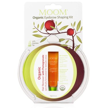 MOOM Organic Eyebrow Waxing Kit with Pomegranate Oil &amp; Chamomile - Natural Sugar Hair Removal Glaze with 12 Reusable Strips &amp; 4 Applicators for Sculpting 0.6 oz. 1 Pack