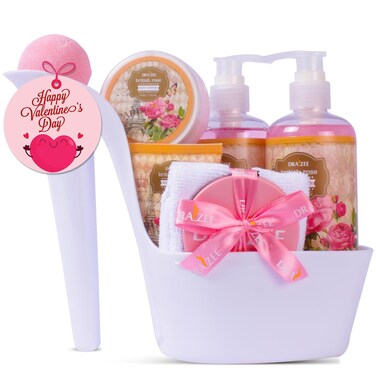 Spa Gift Basket For Women - Luxury British Rose Scented Bath and Body Set of 8-Pcs Heel Shoe Spa Basket with Body Lotion, Butter, Shower Gel, Bubble Bath &amp; More - Gift for Her, Mom by Draizee