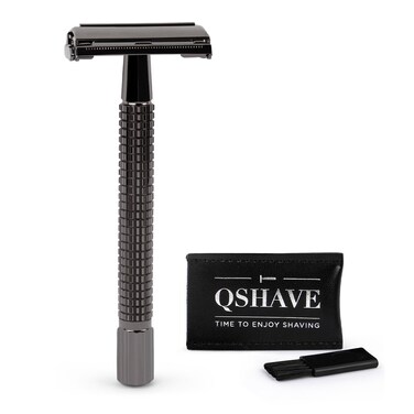 QSHAVE Butterfly Open Long Handle Double Edge Safety Razor for Men or Women, Nostalgic (1 Razor + Leather Protective Sleeve + 5 pcs Titanium Coated Blades)