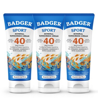 Badger Reef Safe Sunscreen, Unscented SPF 40 Sport Mineral Sunscreen, 98% Organic, Water Resistant Zinc Sunscreen, Approved for Hawaii &amp; Mexico Reefs, 2.7 fl oz, 3-Pack