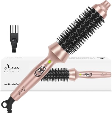 Aima Beauty Hot Brush, 1.3"/35mm Heated Curling Brush Makes Hair Smoother, Softer, Thermal Brush Get Natural Curls, Easy to Use, 30S Fast Heating, Dual Voltage &amp; 60 Mins Auto-Off, Gold