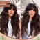 MERISIHAIR Brown Wig with Bangs Long Wavy Wigs for Women Synthetic Heat Resistant Fiber Curly Wig Daily Party Holiday Festival Chrismas Travel Used
