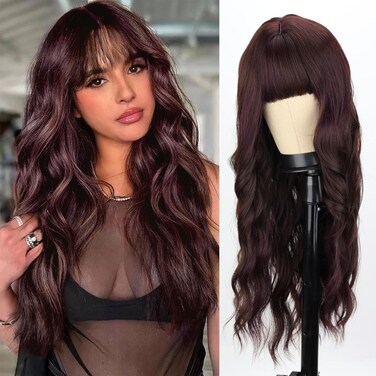 MERISIHAIR Brown Wig with Bangs Long Wavy Wigs for Women Synthetic Heat Resistant Fiber Curly Wig Daily Party Holiday Festival Chrismas Travel Used
