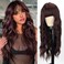 MERISIHAIR Brown Wig with Bangs Long Wavy Wigs for Women Synthetic Heat Resistant Fiber Curly Wig Daily Party Holiday Festival Chrismas Travel Used