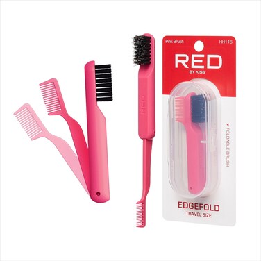 Red by Kiss 2-in-1 Foldable Comb &amp; Edge Brush with Travel Case, Compact Palm-Sized Design, 100% Soft Boar Bristles for Smooth Hair &amp; Edge Control, Portable Hair Styling Tool (Pink)
