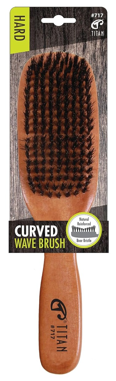 Titan Hard Curved Wave Brush For Men All Hair Textures &ndash; 1pc, Natural Boar Bristles Wooden Handle, Wooden Hair Brush