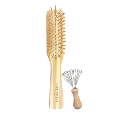 Bamboo Wood Hair Brush with Cleaning Rake for Women Men and Kids, Natural Bamboo Bristles Small Paddle Flat Hairbrush Fit All Types Hair