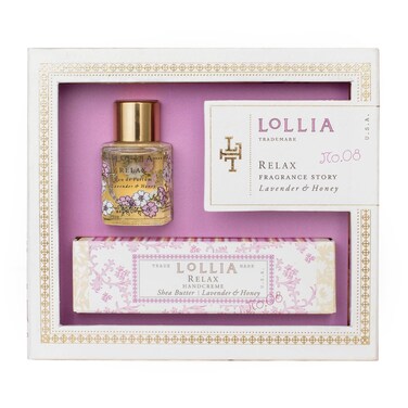 Lollia Relax Fragrance Story Gift Set &ndash; .16 fl. oz. Eau de Parfum &amp; .33 oz. Petite Treat Handcreme &ndash; Lavender &amp; Honey &ndash; Shea Butter Hand Cream for Women, Travel Size Perfume, Hand Lotion for Dry Hands