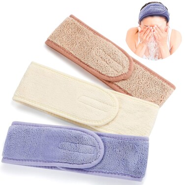 Spa Facial Headband &ndash; 3 Pcs Adjustable Makeup Head Wrap with Magic Tape, Sweat Hair Towel for Sport, Face Wash and Shower