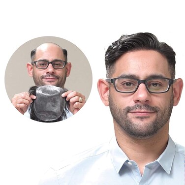 Lordhair Toupee for Men with 100% Human Hair, 0.08mm Natural Skin Hair Pieces Replacement for Men Base Size 8x10 inch Mens Toupee V-looped Hair System Off Black Mixed 40% Gray Hair #1B40