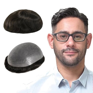 Lordhair Toupee for Men with 100% Human Hair, 0.08mm Natural Skin Hair Pieces Replacement for Men Base Size 8x10 inch Mens Toupee V-looped Hair System Dark Light Brown #3