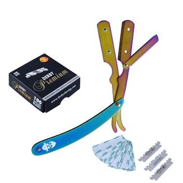 Professional Barber Straight Edge Razor Safety with 100-Pack Derby Blades - 100 Percent Stainless Steel - Straight Edge Safety Razors - Pirates Cut Mens straight razor (Rainbow)