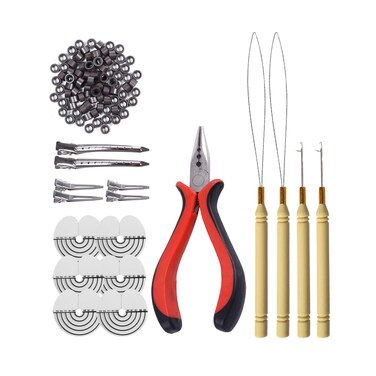 200 Pcs Silicone Micro Rings Hair Extensions Tools Kit: Three-hole Hair Pliers, Micro Pulling Hook Needle, Loop Threader and Silicone Micro Links Rings Beads (Dark brown)