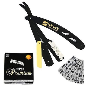 Black &amp; Gold Combination Stainless Steel Barber Straight Edge Razor with Hi-Chromium Derby 100 Count Blades - Made of Platinum Stainless Steel - with Easy Blades Replacement Mechanism - Macs-045B1