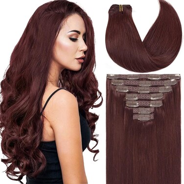 Caliee Clip in Hair Extensions Real Human Hair Burgundy Wine Red Color Double Weft Lace Clip in Hair Extensions Invisible Silky Straight Hair Extensions Clip in for Full Head 120g 14inch