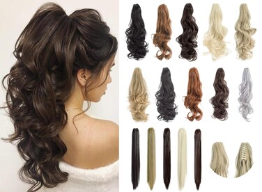 FELENDY Ponytail Extension Claw 18" 20" Curly Wavy Straight Clip in Hairpiece One Piece A Jaw Long Pony Tails for Women (Dark Black,Straight)