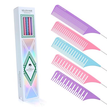 Vellen Hair Ultimate Highlight Comb Set, 5 Sizes PEI Material, Heat Resistant Professional Balayage Comb with Extra Long Stainless Steel Needle (Purple)