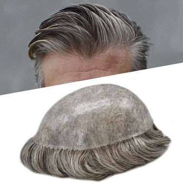 Toupee for Men Real Human Hair Piece Full Poly Thin Skin Men Hair Replacement System Mens Toupee Invisible Poly Coating Man Hairpieces8X10-120% Density#450 MEDIUM BROWN+50% GREY