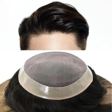 Mens Toupee Fine Mono Real Hair Replacement System Poly Skin Around Human Hair Mens Toupee Durable Mens Hairpiece 6"X8"#1B10 Off Black with 10%gray hair -120% Medium Light to Medium Density