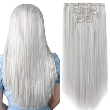 HSPJHTM White Hair Extension Clip in Hair Extensions for Women Halloween 5 Pieces 22" Synthetic Long Straight Silver Thick Hair Pieces for Women Cheap Grey Silver Full Head