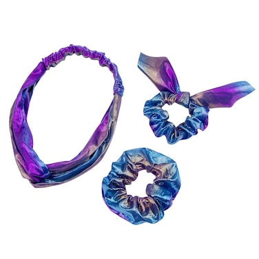3 in1 Shiny Hologram Metallic Rainbow Bows Scarf Hair Scrunchies Bands Two-tone Mermaid Bunny Ears Hair Bobbles Elastics Ponytail Holders Hair Ties for Show Dance Party Girl (Royal Blue)