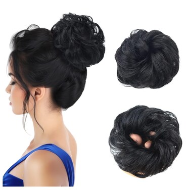 1 Piece Messy Hair Bun Messy Synthetic Chignon Ponytail Curly Wavy Hair Scrunchies Extension for Women Updo Hairpieces (1B#)