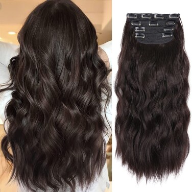 4Pcs Clip in Hair Extensions, Long Wavy Synthetic Hair Extension Clip in, 20 Inches Dark Brown Hair Extensions for Women (Color:Dark Brown with a Slight Auburn Luster)