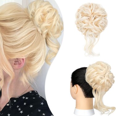 Messy Bun Hair Piece Tousled Updo Extension Elastic Rubber Band Hair Extension Piece for Women Girls Bleach Blonde