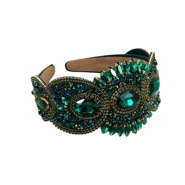 Fashion High End Baroque Style Headband Decoration Ladies Elegant Crystal beaded Headband Ladies Gold Chain Diamond Headband Party Girl HeadBand Artificial Gemstone Queen Style (Green)