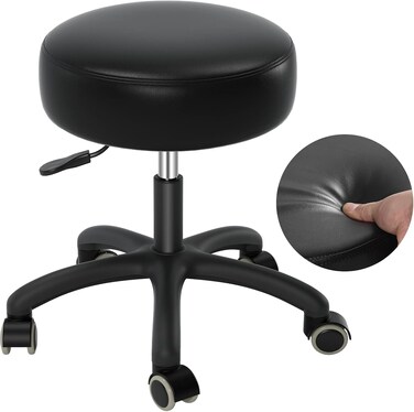 SALONFACTORY Rolling Stool with Wheels,Heavy Duty Lash Chair Adjustable for Tatoo Lab Massage Salon Spa Drafting Nail Teach,360 Swivel,Leather,Thick Seat Padding,Black