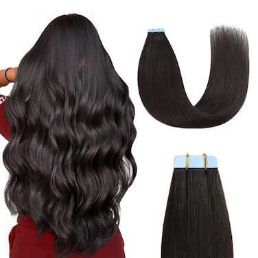 Sunya Tape in Hair Extensions 16 inches Silky Straight Remy Human Hair Seamless Skin Weft Tape in Hair Extensions Human Hair 16 inches #1B Natural Black 40 Gram 20Pcs/Pack Thick Hair