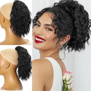 10 inch Ponytail Extension Drawstring Ponytail for Black Women Short Wavy Curly Ponytails Fluffy Natural Looking Pony Tails Hair Extensions Synthetic Hairpiece (1B)