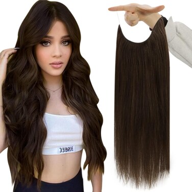 Fshine Invisible Wire Hair Extensions Real Human Hair Dark Brown Secret Hairpiece Wire Human Hair Extensions Straight Headband Hair Extensions with Transparent Fish Line Remy Human Hair 20 Inch 80g