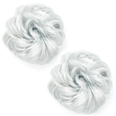 2Pcs Messy Hair Bun Hair Piece Scrunchy Hair Bun Pieces Extension Curly Wavy Rubber Band Elastic Scrunchie Ponytail Hair Accessories (Silver gray)