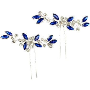 Crystal Bridal Hair Pins Sparkle White Blue Rhinestone Wedding Hair Piece Accessories for Women Girls (Pack of 2) (Blue)