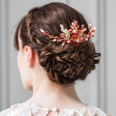 BETITETO Red Crystal Bridal Hair Piece with Comb Gold Vine Flower Hair Accessories for Wedding Women Girls (Gold,Red)