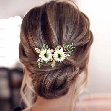 BETITETO Green Bridal Hair Clip White Enamel Flower Gold Leaf Crystal Wedding Hair Vine Piece Accessories for Women Girls (Green)