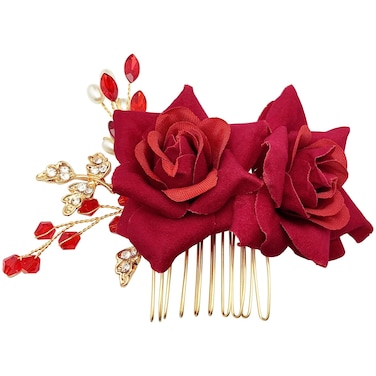 BETITETO Bridal Rose Flower Headpiece Boho Handmade Pearl Crystal Gold Leaf Red Flower Side Comb Hair Accessories for Wedding Party