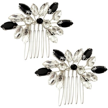 BETITETO Small Crystal Hair Accessories 2 Pieces Black White Rhinestone Silver Hair Comb Pins Pieces for Wedding Party