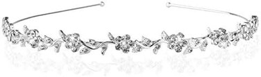 Women's Crystal Flower and Leaves Crown Headband,Bridal Headpiece Wedding Headband (Silver)