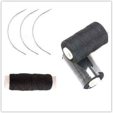3 Rolls Hair Weaving Thread Cotton Sewing Thread Making Wig Clips in Hair Extension Hair Salon Weft Thick Thread with 3 Curved Needles (Black)