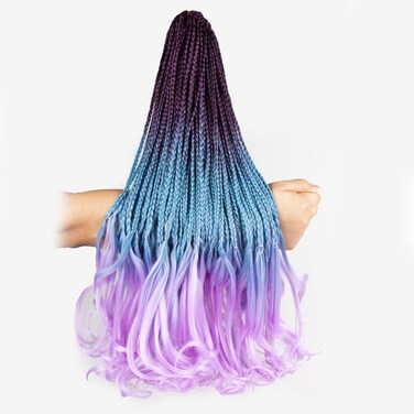 French Curl Crochet Braids for Black Women-18 Inches 8 Packs Goddess Box Braids,3 Tone Ombre Purple to Blue to Pink, Pre Looped Braided Synthetic Hair Extensions(18"-8 Packs, Purple-Blue-Pink)