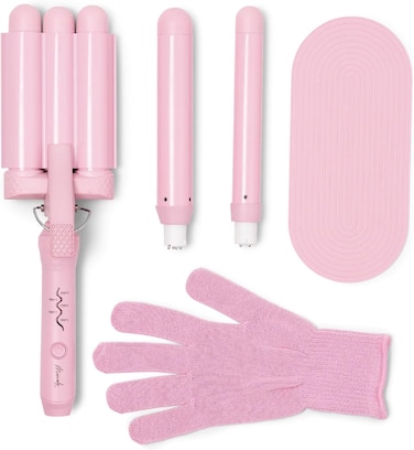 Mermade Hair 3 in 1 Style Wand - Hair Waver 3 Barrel, Curling Iron 1 1/4 Inch, 1 Inch Curling Iron, Ceramic Barrel Waver &amp; Curler w/Heat Glove, Matt, &amp; Interchangeable Handle - Pink