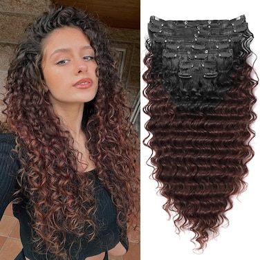 MEEPO Wine red Curly Clip In Hair Extension For Black Women Natural Thick Deep Wave Hair Extension Clips Synthetic Long 24 inch hair extensions clip in Hairpiece(Deep Wave,T1B/33(Pack of 7)