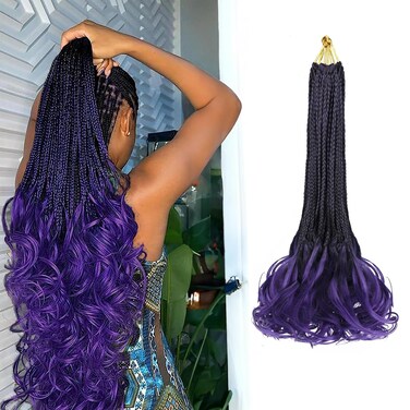 French Curl Crochet Braids for Black Women-18 Inches 8 Packs Goddess Box Braids,Ombre Purple Soft Pre Looped Braided Synthetic Hair Extensions with Curly Wavy Ends(18"-8 Packs,T1B/Purple)