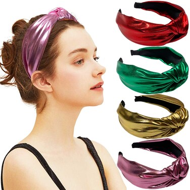 Glitter Knotted Headbands 4 Pack Vintage Shiny Metallic Wide Hair Bands Hoops for Women Girls (Gold + Green + Pink + Red)