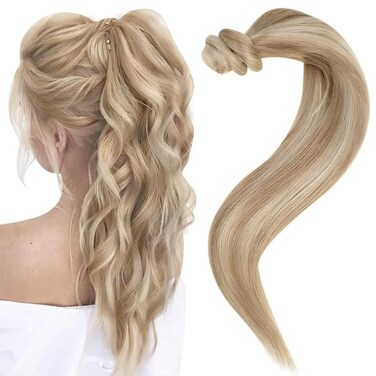 Easyouth Ponytail Extensions Human Hair Blonde Pony Tails Hair Extensions Human Hair Golden Blonde mixed Highlighted Blonde Ponytail Hair Extensions Natural Human Hair Ponytail Short 14Inch 70g