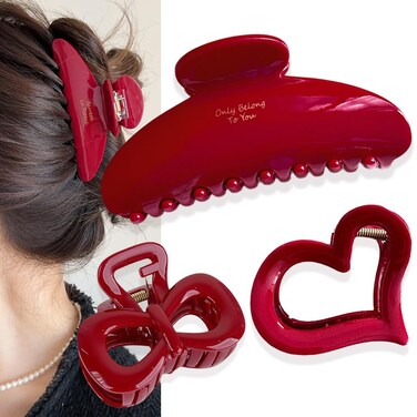 3Pcs Red Hair Clip Set - Red Claw Clip Nonslip Red Clip Hair Accessories,Large Red Claw Clips for Thin Thick Hair,Perfect for Daily Wear, Parties (B)
