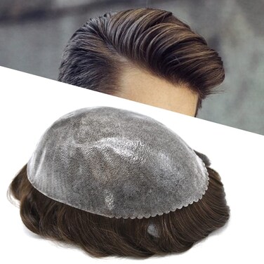 Men's Hair Replacement System - Full Poly Thin Skin Toupee, All PU Hairpiece for Men - Human Hair Piece, Grey, White, Black, Brown, Blonde (8x10, MEDIUM BROWN 4#)