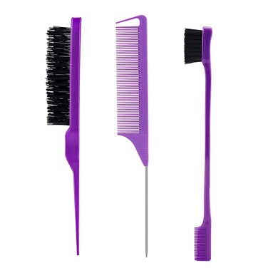 3 Pieces Hair Styling Comb Set Teasing Hair Brush Rat Tail Comb Edge Brush for Edge&amp;Back Brushing, Combing, Slicking Hair for Women (Purple)